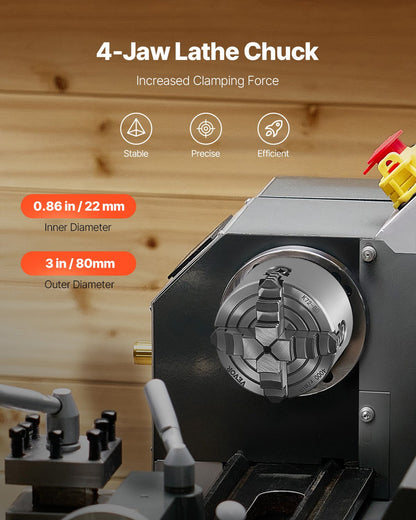 4-käftschuck, 80 mm (3 tum), 4-käftschuck, 5-80 mm (0,1-3,15 tum) spännområde med T-nyckelfästskruvar, vändbara käftar, HT300-material, invändig utvändig för trä- och metallsvarv