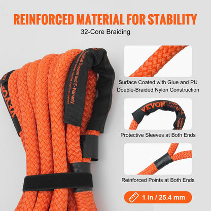 1" (2,54 cm) x 30'/9,1 m kinetisk bärgningslina 38 000 lbs/17 237,5 kg, kraftig terrängrem, extremt slitstark 30 % elastisk energirem för jeep bil lastbil ATV UTV SUV traktor