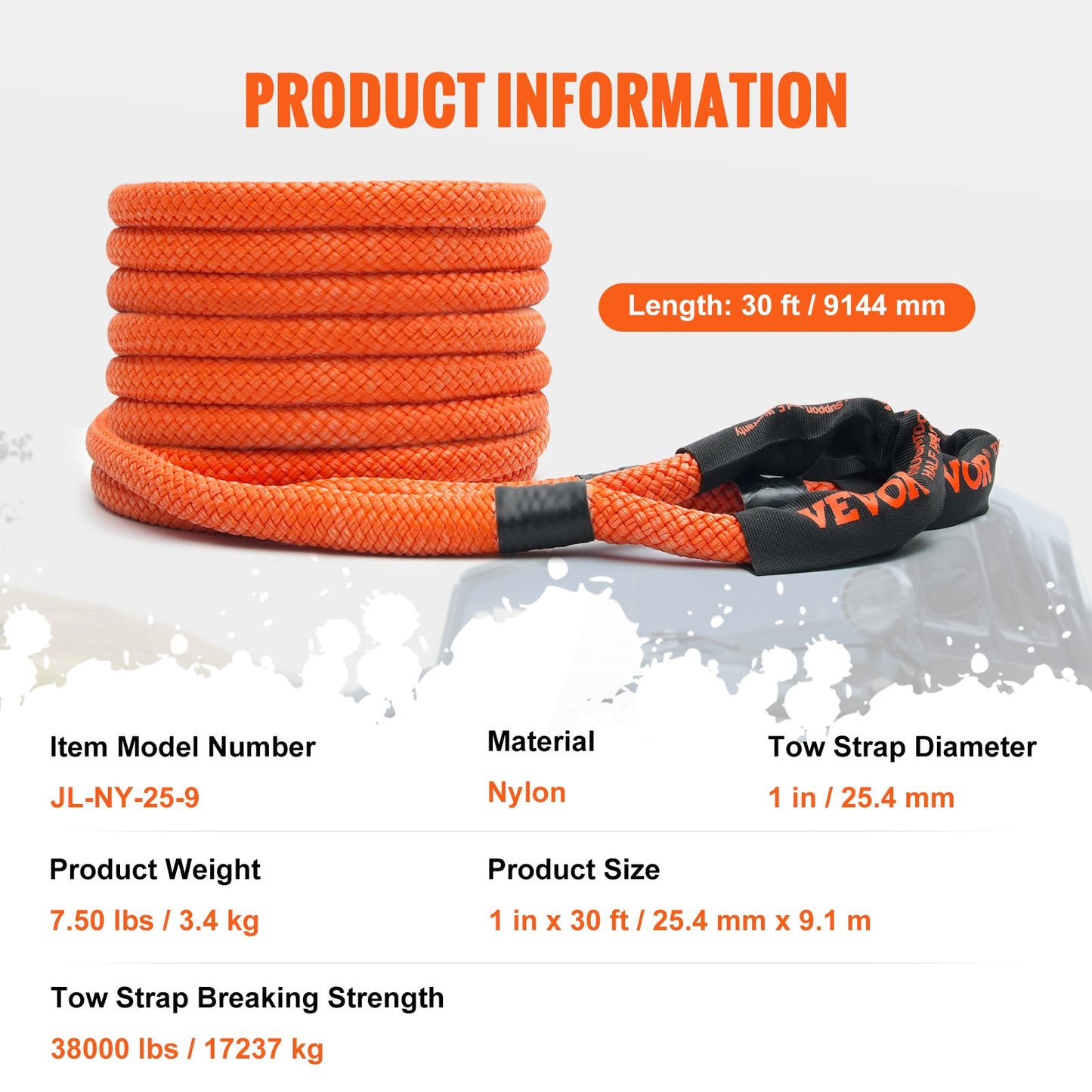 1" (2,54 cm) x 30'/9,1 m kinetisk bärgningslina 38 000 lbs/17 237,5 kg, kraftig terrängrem, extremt slitstark 30 % elastisk energirem för jeep bil lastbil ATV UTV SUV traktor