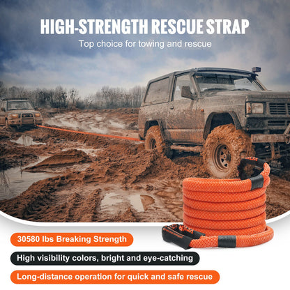 7/8" (2,2 cm) x 20'/6,1 m kinetisk bärgningslina 30 580 lbs/13 876,4 kg, kraftig terrängrem, extremt slitstark 30 % elastisk energirem för jeep bil lastbil ATV UTV SUV traktor