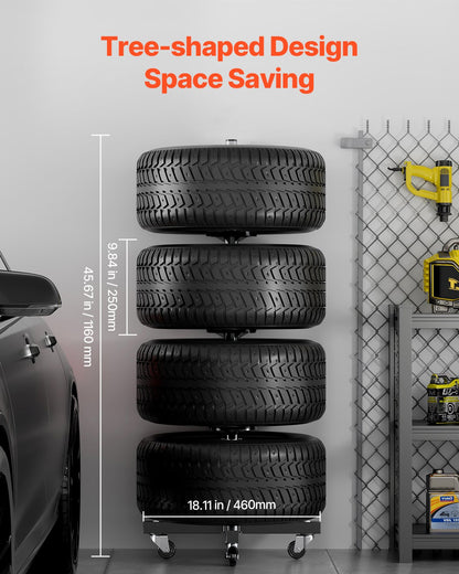 Däckställ med hjul, kraftigt däckställ i stål för 4 däck med fälgar, platsbesparande och mobil däckhållare för däck upp till 225 mm bredd, max 90 kg lastkapacitet, perfekt för garage och verkstad