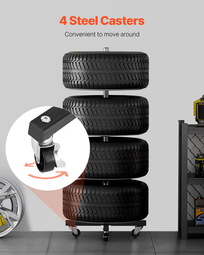 Däckställ med hjul, kraftigt däckställ i stål för 4 däck med fälgar, platsbesparande och mobil däckhållare för däck upp till 225 mm bredd, max 90 kg lastkapacitet, perfekt för garage och verkstad