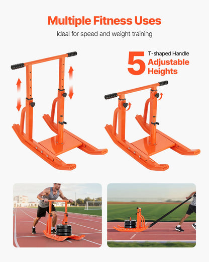 Viktsläde, Stålkraftsläde, Fitnessträningsslädar för atletisk träning, hastighetsförbättring, Träningsutrustning med justerbart höjdhandtag, Kompatibel med 25/51 mm viktskivor, Orange