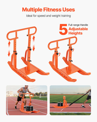 Viktsläde, Stålkraftsläde, Fitnessträningsslädar för atletisk träning, hastighetsförbättring, Träningsutrustning med justerbart höjdhandtag, Kompatibel med 25/51 mm viktskivor, Orange