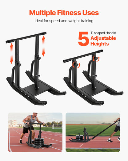 Viktsläde, Stålkraftsläde, Fitnessträningsslädar för atletisk träning, hastighetsförbättring, Träningsutrustning med justerbart höjdhandtag, Kompatibel med 25/51 mm viktskivor, Svart
