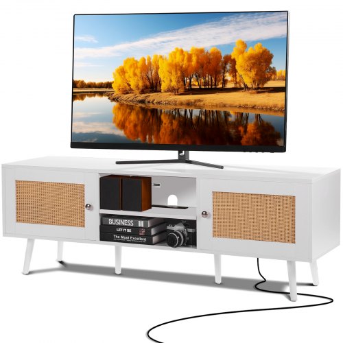 Rotting-TV-stativ för 65-tums TV, Boho TV-stativ med rottingdörr, Nöjescenter med inbyggt uttag och USB-portar, Modern TV-konsol för vardagsrum, mediarum, Vit