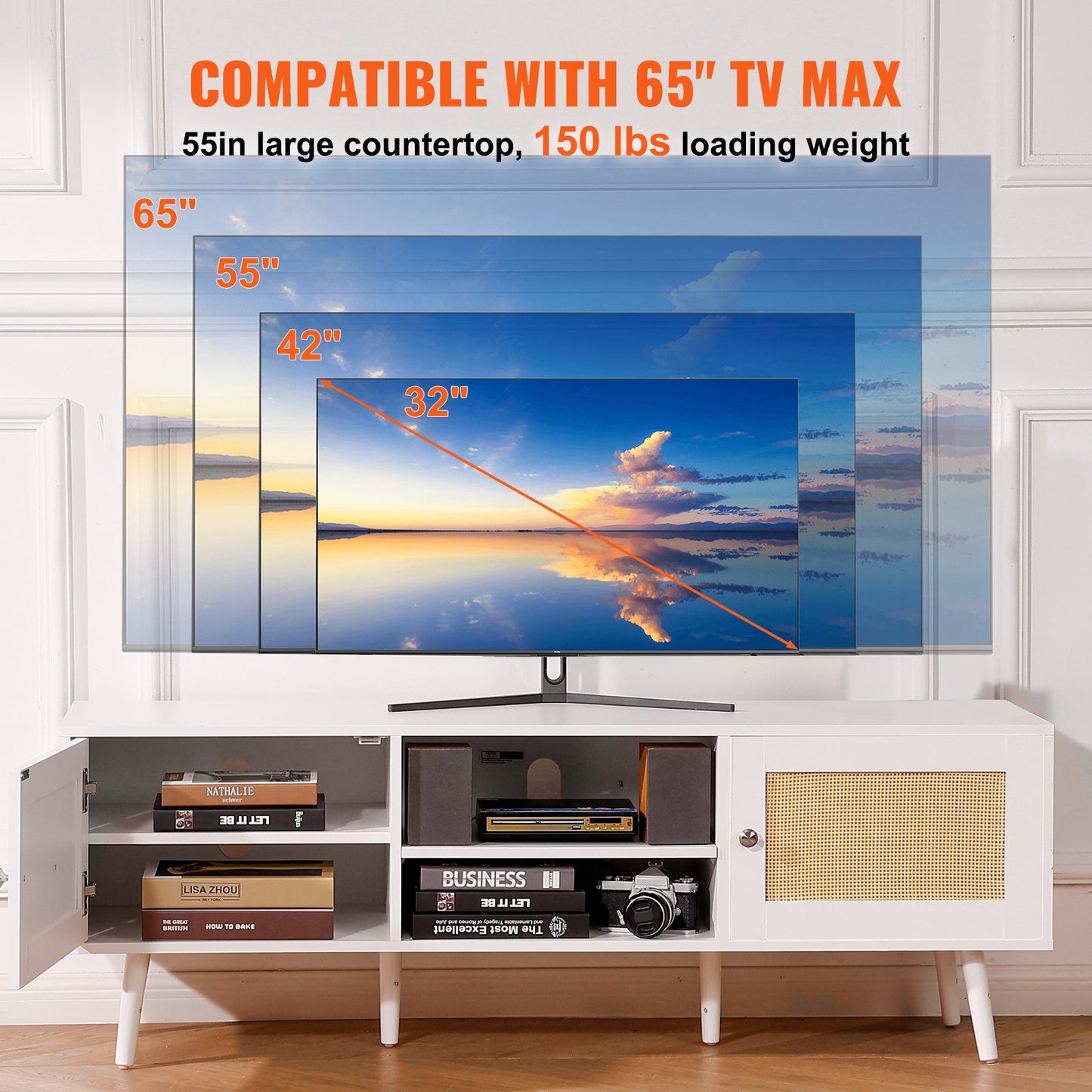 Rotting-TV-stativ för 65-tums TV, Boho TV-stativ med rottingdörr, Nöjescenter med inbyggt uttag och USB-portar, Modern TV-konsol för vardagsrum, mediarum, Vit