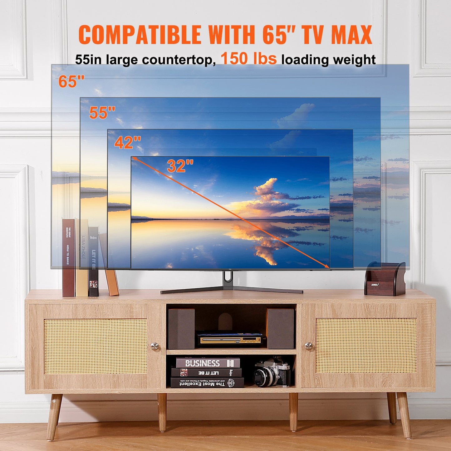 TV-stativ i rotting för 65" (165,1 cm) TV Boho TV-stativ med inbyggt uttag Ek