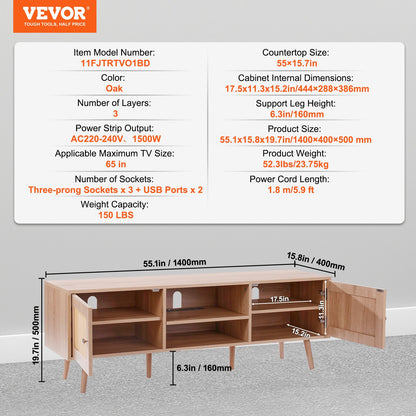 TV-stativ i rotting för 65" (165,1 cm) TV Boho TV-stativ med inbyggt uttag Ek