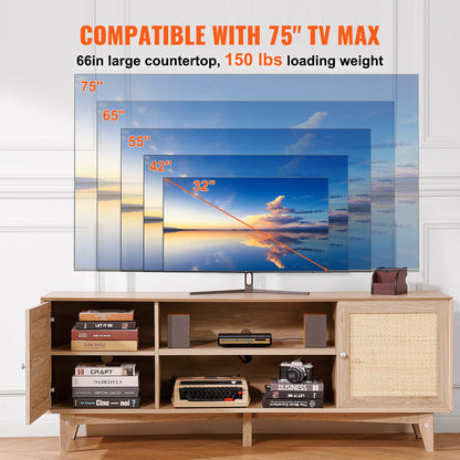 Rotting-TV-Ständer 191cm Fernseher Boho-TV-Schrank Fernsehschrank Eiche