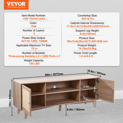 Rotting-TV-Ständer 191cm Fernseher Boho-TV-Schrank Fernsehschrank Eiche
