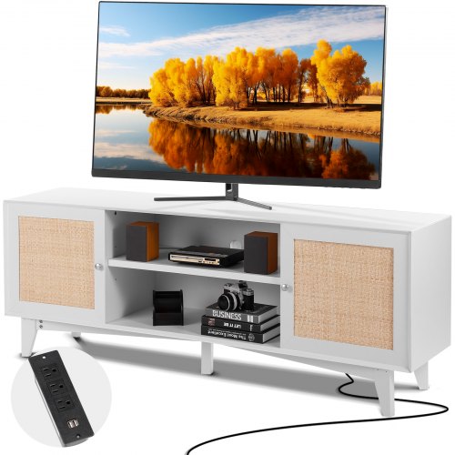 TV-bänk i rotting 191 cm TV Boho TV-skåp Vit TV-skåp