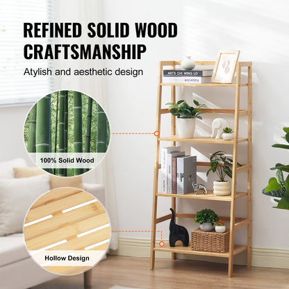 4-våningars steghylla i bambu, trapetsformad öppen bokhylla, förvaringsställ för display, fristående blom- och växtställ, stegebokhylla, perfekt för badrum, sovrum, kontor, arbetsrum, naturlig