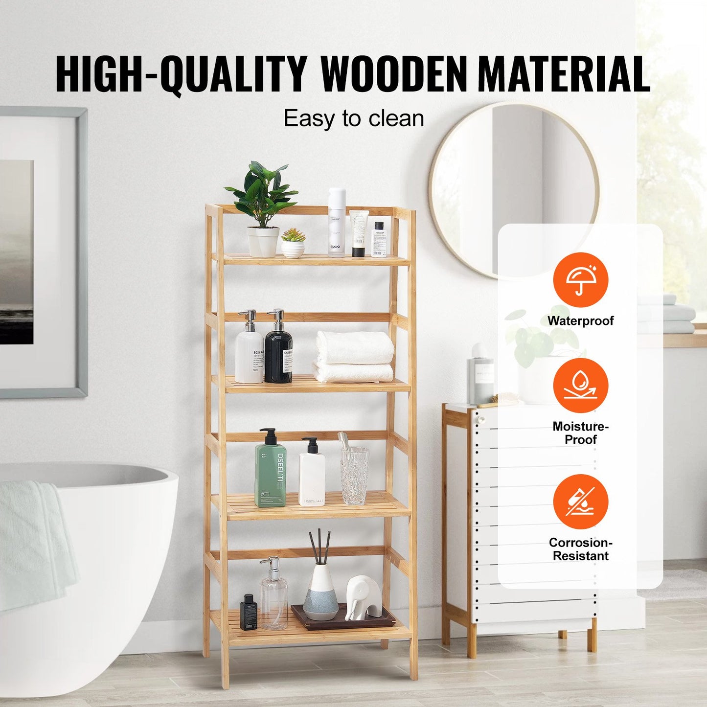 4-våningars steghylla i bambu, trapetsformad öppen bokhylla, förvaringsställ för display, fristående blom- och växtställ, stegebokhylla, perfekt för badrum, sovrum, kontor, arbetsrum, naturlig
