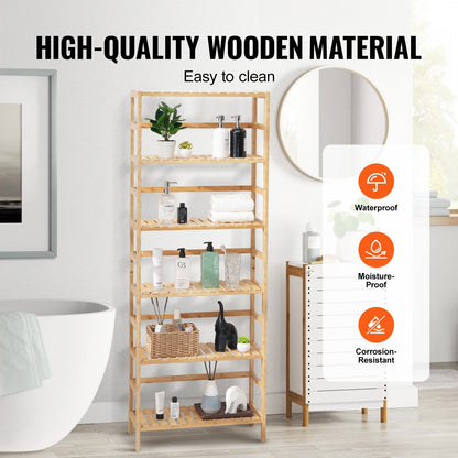6-våningars bambuhylla, öppen träbokhylla, förvaringsställ, fristående blom- och växtställ, multifunktionell bambubokhylla, perfekt för badrum, sovrum, kontor, arbetsrum, naturlig