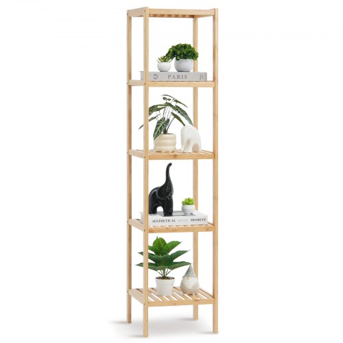 5-våningars stående badrumshylla, smal hyllenhet, förvaringsställ för display, fristående blom- och växtställ, multifunktionell bambuhylla, perfekt för badrum, kök, hem, naturlig
