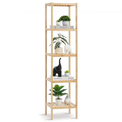 5-våningars stående badrumshylla, smal hyllenhet, förvaringsställ för display, fristående blom- och växtställ, multifunktionell bambuhylla, perfekt för badrum, kök, hem, naturlig