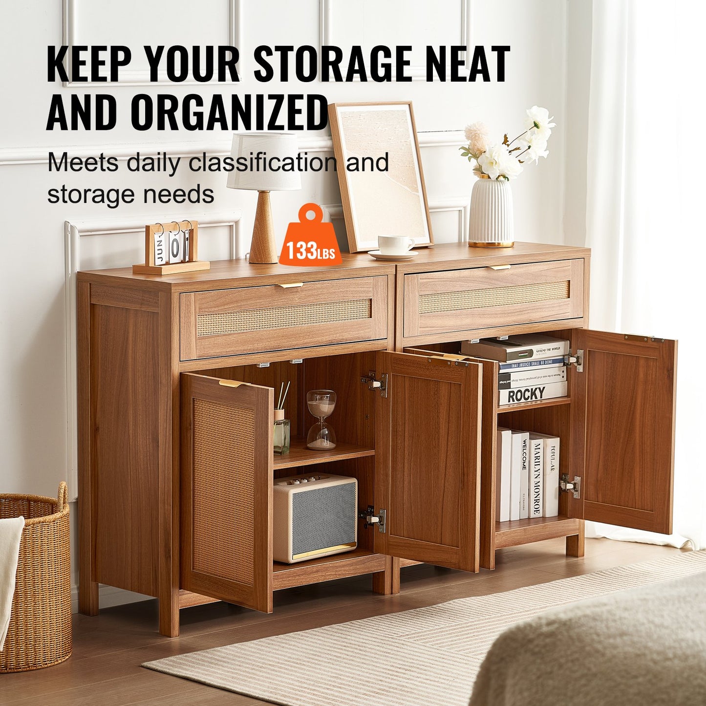 Rattan Cabinet, Set of 2, Rattan Storage Cabinet with 4 Magnetic Doors and 2 Drawers, Sideboard Buffet Cabinet with Adjustable Shelves, for Hallway, Entryway, Living Room, or Kitchen, Natural