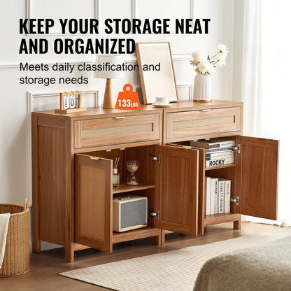 Rattan Cabinet, Set of 2, Rattan Storage Cabinet with 4 Magnetic Doors and 2 Drawers, Sideboard Buffet Cabinet with Adjustable Shelves, for Hallway, Entryway, Living Room, or Kitchen, Natural