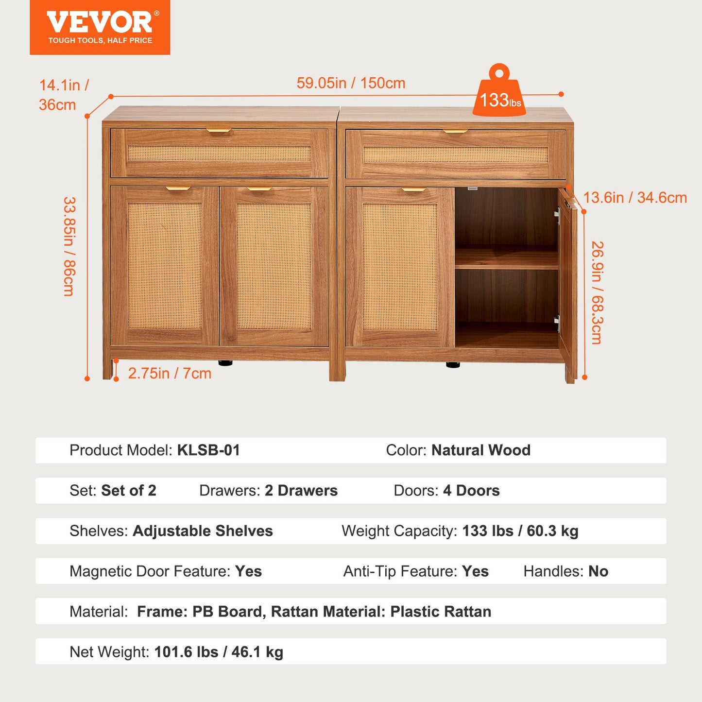 Rattan Cabinet, Set of 2, Rattan Storage Cabinet with 4 Magnetic Doors and 2 Drawers, Sideboard Buffet Cabinet with Adjustable Shelves, for Hallway, Entryway, Living Room, or Kitchen, Natural