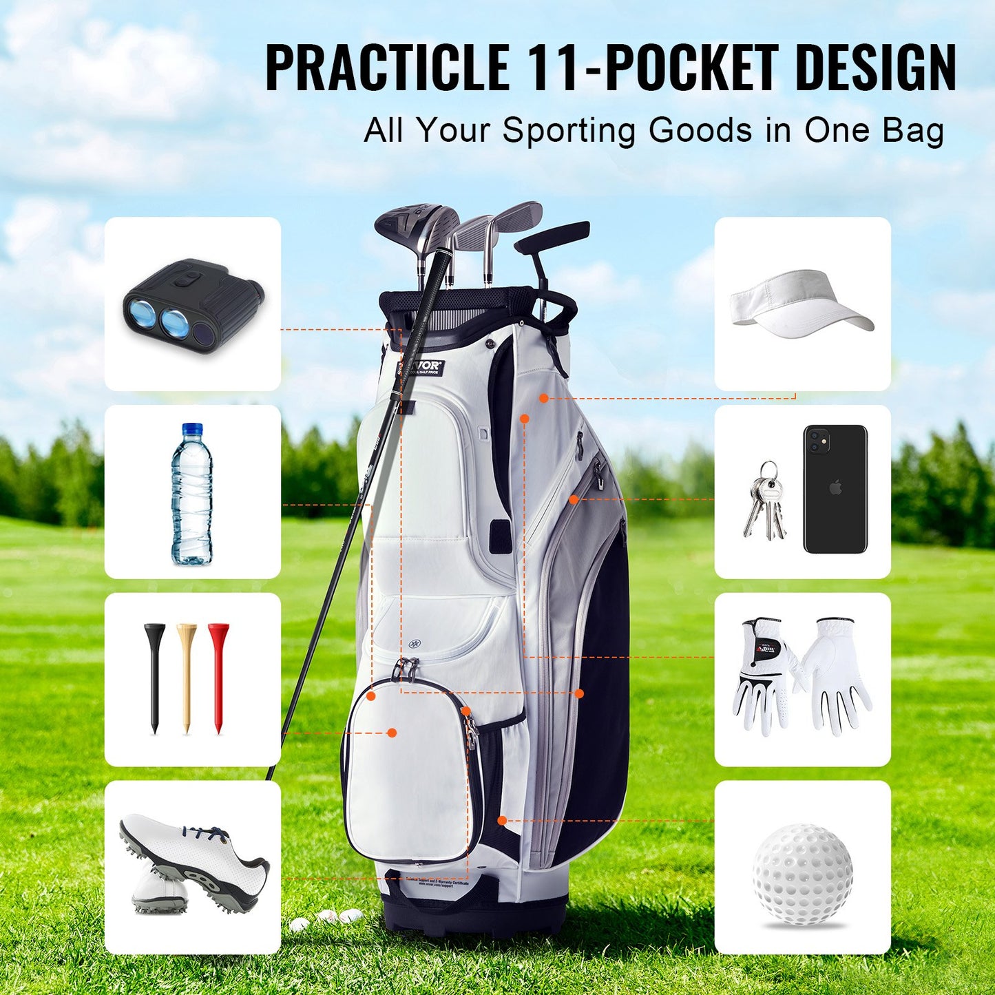 Golfvagnsväska med 14-vägs avdelare, 36” 13-fickors premium nylonvagnsväska, slitstarka golfbagar med handtag, dammskydd och avtagbara remmar för män och kvinnor, vit färgblock