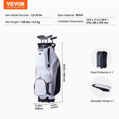 Golfvagnsväska med 14-vägs avdelare, 36” 13-fickors premium nylonvagnsväska, slitstarka golfbagar med handtag, dammskydd och avtagbara remmar för män och kvinnor, vit färgblock