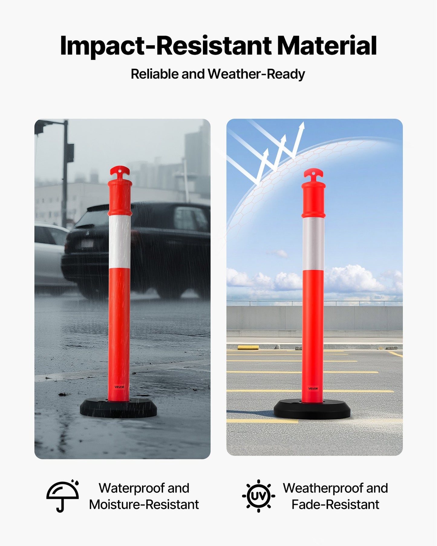 3 Pack Traffic Delineator Posts, 1140 mm Traffic Safety Cones with Fillable Base and Reflective Strips, Heavy Duty Delineator Posts for Construction Site, Parking Lot, Crowd Control, Red