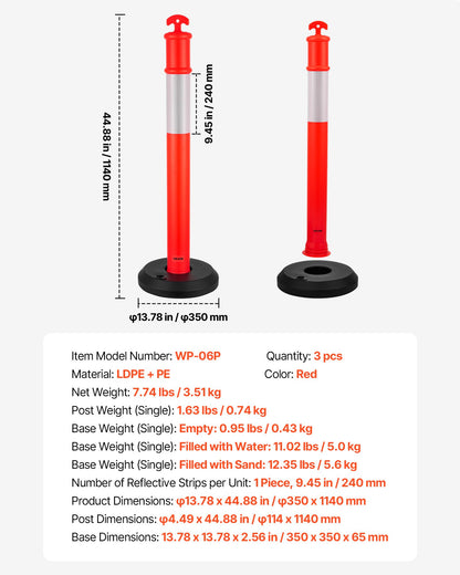 3 Pack Traffic Delineator Posts, 1140 mm Traffic Safety Cones with Fillable Base and Reflective Strips, Heavy Duty Delineator Posts for Construction Site, Parking Lot, Crowd Control, Red