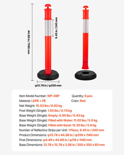 6 Pack Traffic Delineator Posts, 1140 mm Traffic Safety Cones with Fillable Base and Reflective Strips, Heavy Duty Delineator Posts for Construction Site, Parking Lot, Crowd Control, Red