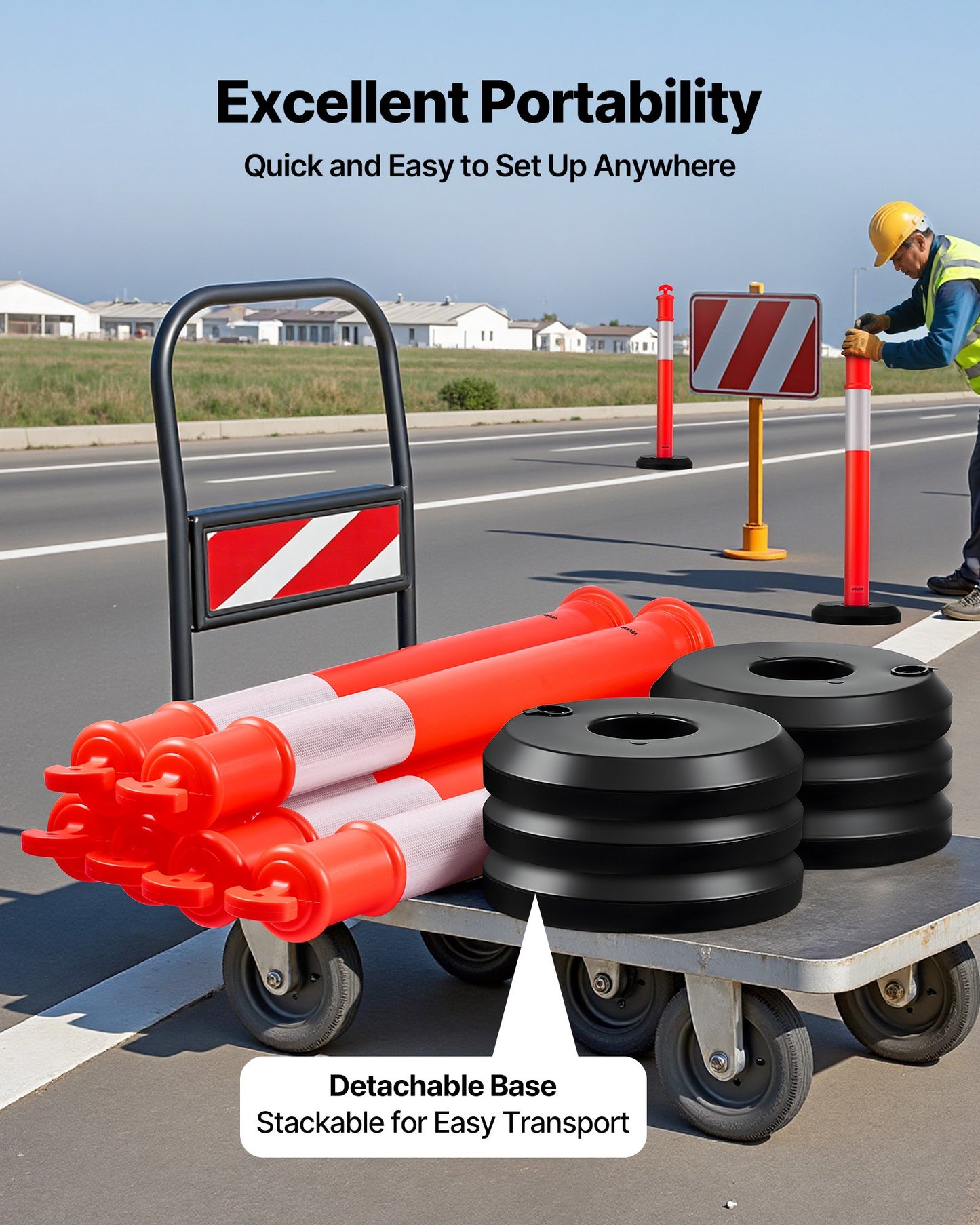 9-pack trafikavgränsningsstolpar, 1140 mm trafiksäkerhetskoner med fyllbar bas och reflexremsor, kraftiga avgränsningsstolpar för byggarbetsplatser, parkeringsplatser, trängselkontroll, röd