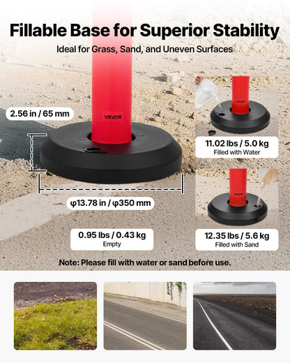 2-pack trafikavgränsningsstolpar, 1140 mm trafiksäkerhetskoner med fyllbar bas och reflexremsor, kraftiga avgränsningsstolpar för byggarbetsplatser, parkeringsplatser, trängselkontroll, röd