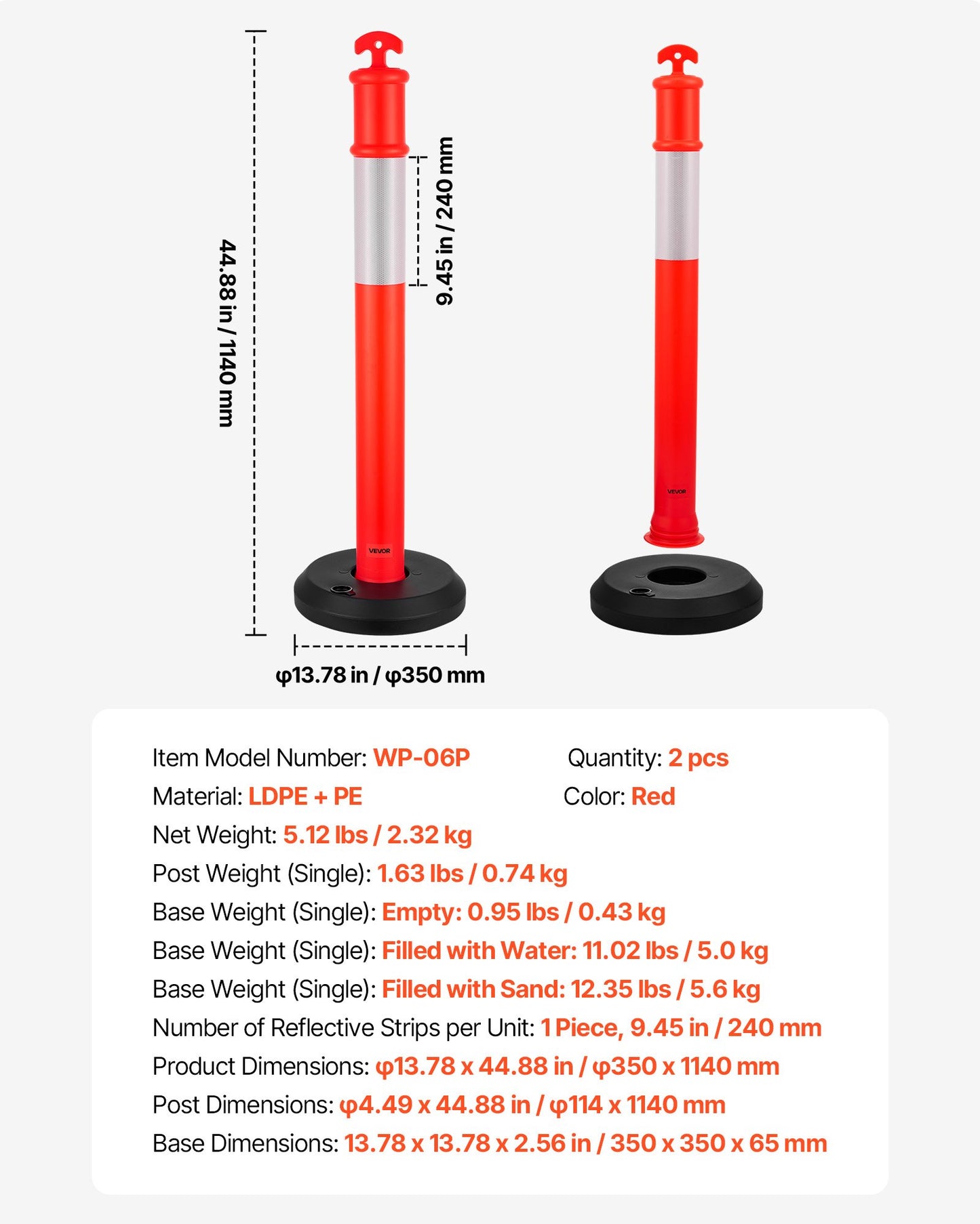 2-pack trafikavgränsningsstolpar, 1140 mm trafiksäkerhetskoner med fyllbar bas och reflexremsor, kraftiga avgränsningsstolpar för byggarbetsplatser, parkeringsplatser, trängselkontroll, röd