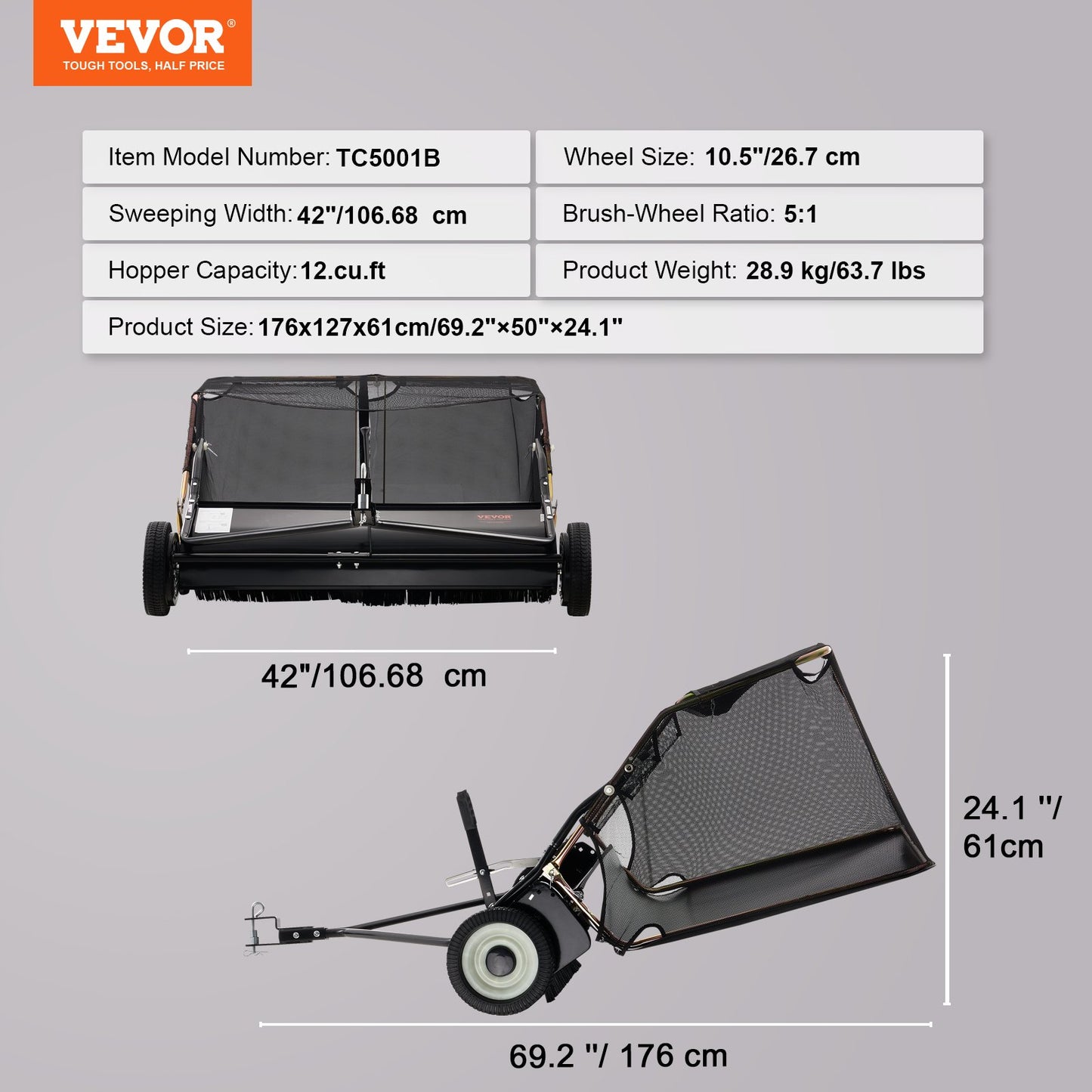102 cm sopmaskin för dragning, 3,6 m² stor grässopmaskin för dragning, kraftig löv- och gräsuppsamlare med tipprepdesign, justerbar sophöjd för att plocka upp skräp och gräs