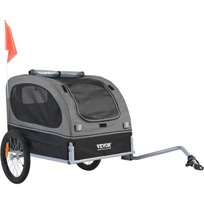 Hundcykelkärra, Stöder upp till 36 kg, Cykelhållare för husdjur, Lättfällbar ram med snabbkopplingshjul, Universal cykelfäste, Reflexer, Flagga, Hopfällbar för förvaring, Svart/Grå