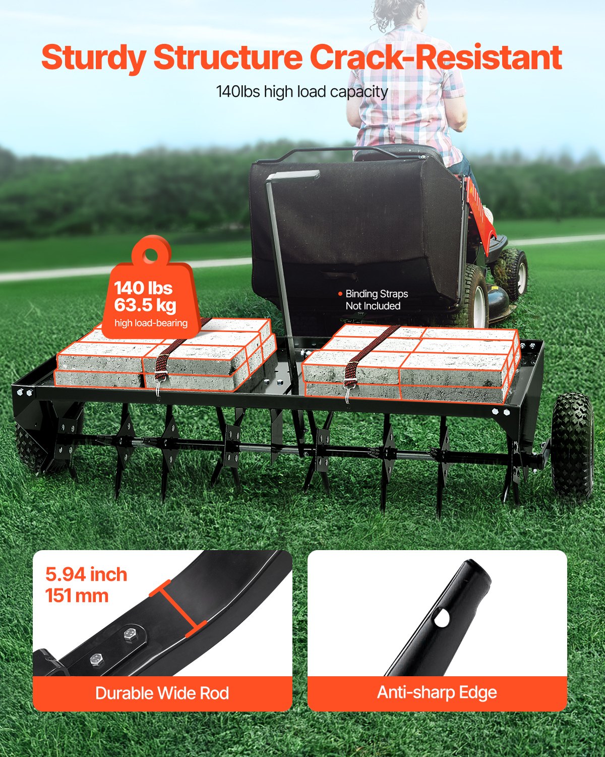 Bogserad luftare för gräsmatta, 48-tums bogserad luftare för gräsmatta med universalkoppling, bogserad luftare med järnspikar, växelvis arrangerad, bogserad gräsmatta för trädgårdar, gräsmattor, gårdar