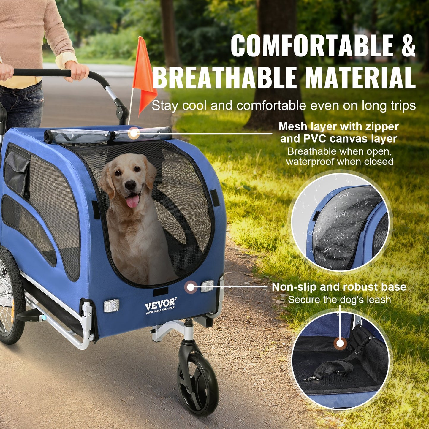 Cykelkärra för hund, stöder upp till 45 kg, 2-i-1 cykelhållare för husdjur, lätt hopfällbar vagnsram med snabbkopplingshjul, universal cykelfäste, reflexer, flagga, blå/svart