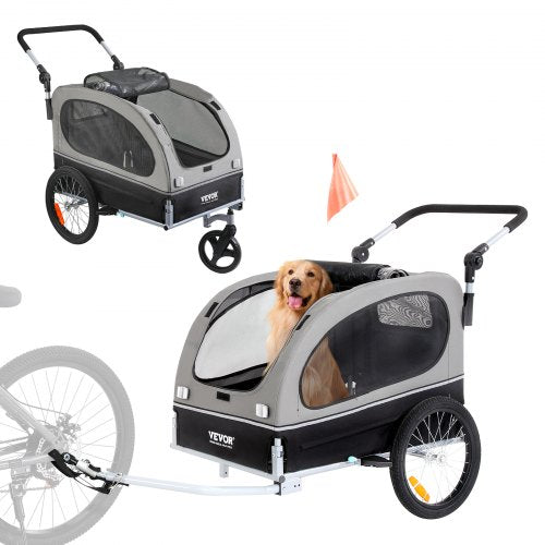 Cykelkärra för hund, stöder upp till 36 kg, 2-i-1 cykelhållare för husdjur, lätt hopfällbar vagnsram med snabbkopplingshjul, universal cykelfäste, reflexer, flagga, svart/grå