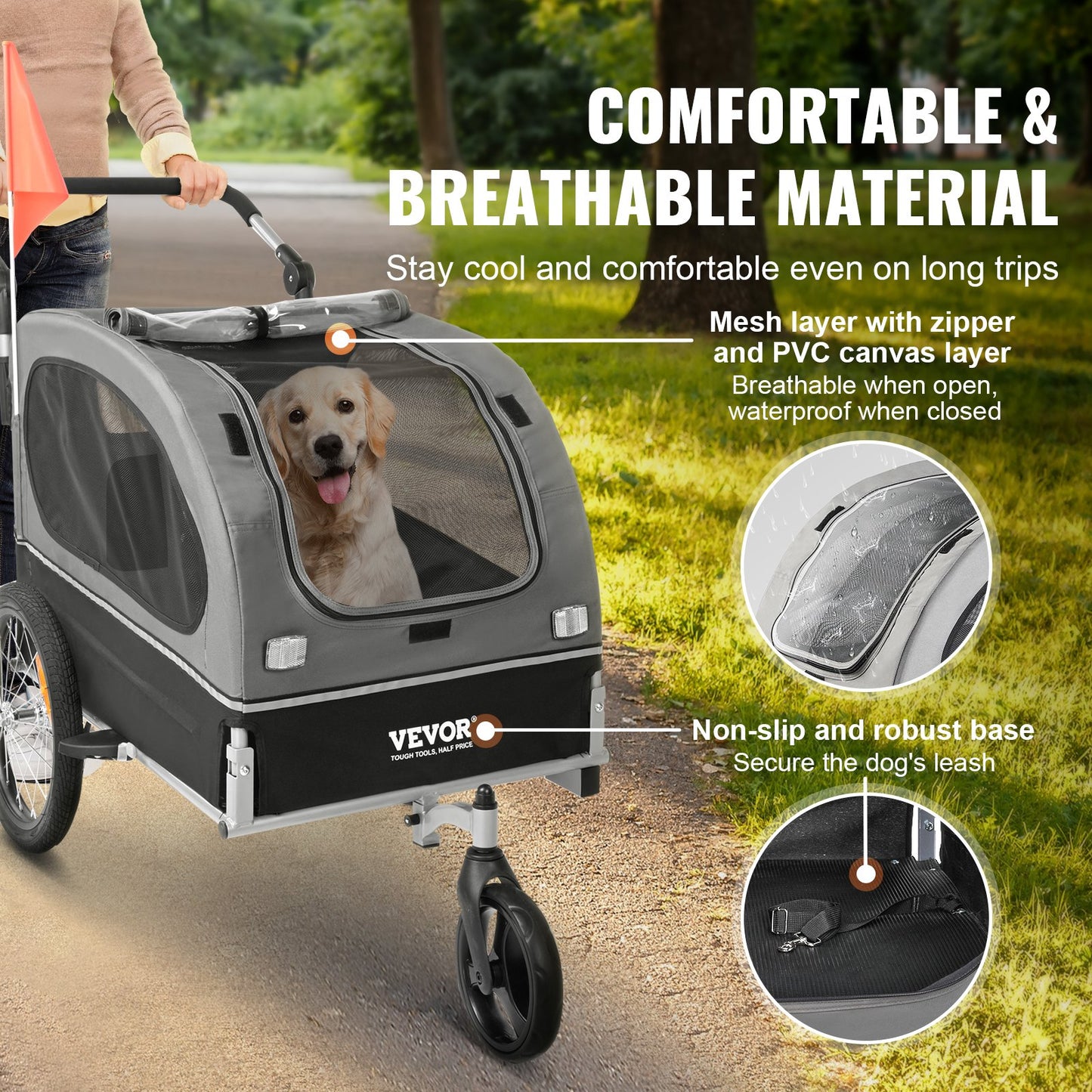 Cykelkärra för hund, stöder upp till 36 kg, 2-i-1 cykelhållare för husdjur, lätt hopfällbar vagnsram med snabbkopplingshjul, universal cykelfäste, reflexer, flagga, svart/grå