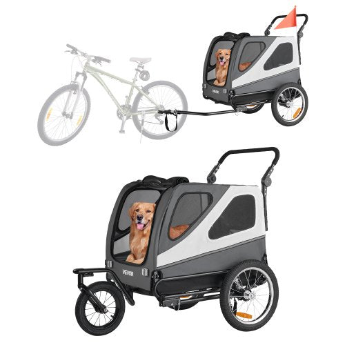 Hundcykelkärra, Stöder upp till 45 kg, 2-i-1-vagn för små och stora hundar, Lättfällbar ram med snabbkopplingshjul, Universal cykelkoppling, Inbyggt koppel