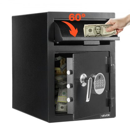 1,2 kubikfot kassaskåp, stor kapacitet med framstycke och digital knappsats, kraftigt kassaskåp med 2 våningar och reservnycklar för kontanter, bankkvitto, smycken, dokument, sedlar, svart