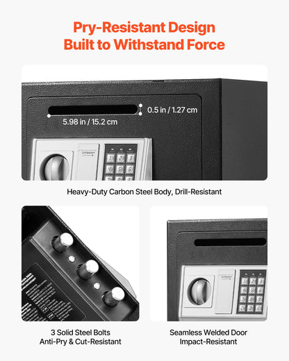 0,6 kubikfot kassaskåp, kassaskåp med lås, lösenord och vred, robust kompakt kassaskåp med lås framtill för kontanter, bankkvitton, smycken, dokument, sedlar, svart
