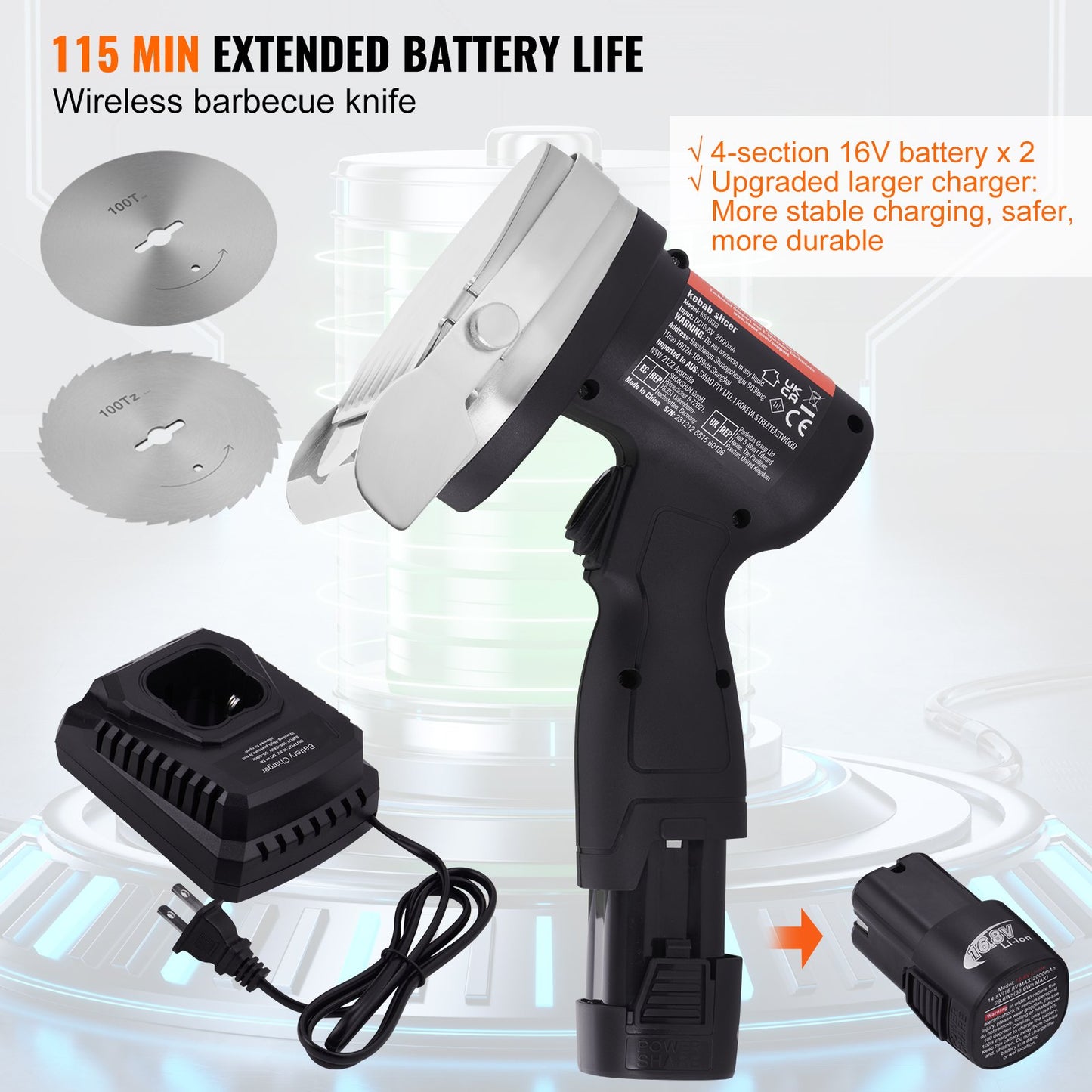 Elektrisk Shawarma-kniv, 80W sladdlös batteridriven professionell turkisk kniv, kommersiell gyroskärare i rostfritt stål, dönerkebabköttskärare med 2 blad, Φ4"/100mm, 0-8mm justerbar tjocklek