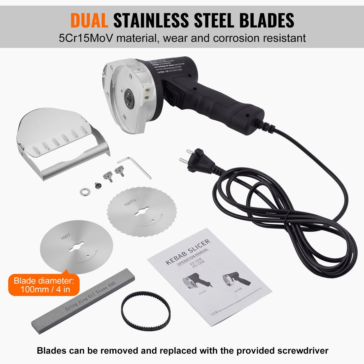 Elektrisk shawarmakniv, 80W professionell turkisk kebabkniv, kommersiell gyroskärare i rostfritt stål, dönerkebabköttskärare med 2 blad, Φ4"/100 mm bladdiameter, 0-8 mm justerbar tjocklek