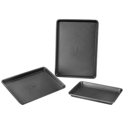 Bakformsset, 3 delar, nonstick-beläggning med kokkärl och brickor i kolstål, stapelbara bakformsset för köksugn med silikonhandtag, lätt att rengöra, för bakning av kakor, tårta, muffins, bröd