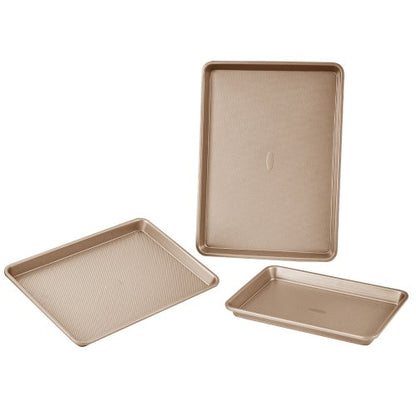 Bakformsset, 3 delar, nonstick-beläggning med kokkärl och brickor i kolstål, stapelbara bakformsset för köksugn med silikonhandtag, lätt att rengöra, för bakning av kakor, tårta, muffins, bröd