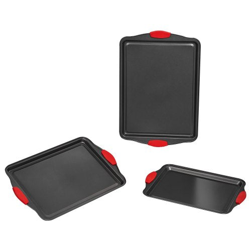 Bakformsset, 3 delar, nonstick-beläggning med kokkärl och brickor i kolstål, stapelbara bakformsset för köksugn med silikonhandtag, lätt att rengöra, för bakning av kakor, tårta, muffins, bröd