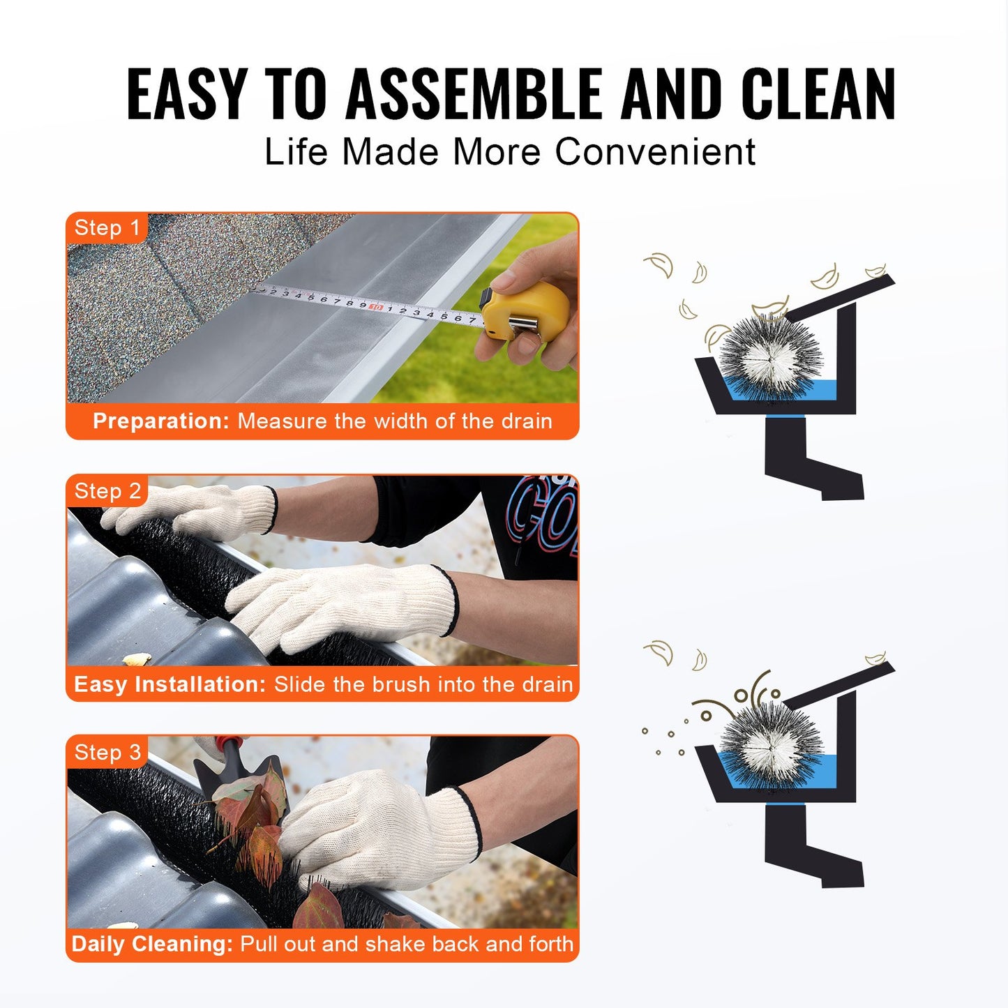 Rännborste, 24 meter total längd, 11,5 cm diameter, rännrengöringsverktyg, marknivå rännborste lövskydd för 13 cm hängrännor, enkelt att ta bort löv och skräp från taket, 27-pack