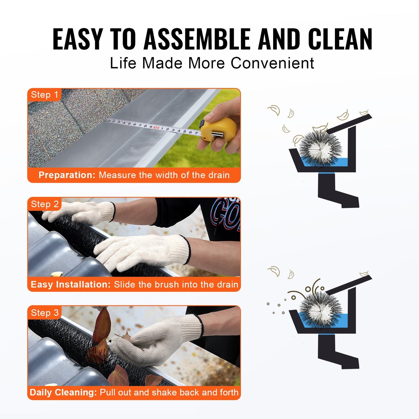 Rännborste, 15 fot total längd 4,33 tum diameter rännrengöringsverktyg, marknivå rännborste lövskydd för 5 tums hängrännor, enkelt att ta bort löv och skräp från taket, 5-pack