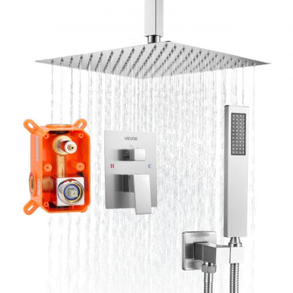Shower Faucet Set, Rainfall Bathroom Shower System with 12-Inch (30.5cm) Square Rain Shower Head and Handheld Spray, Ceiling Mount Bath Fixtures with Brass Valve and Trim Kit, Brushed Nickel