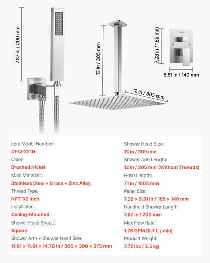 Shower Faucet Set, Rainfall Bathroom Shower System with 12-Inch (30.5cm) Square Rain Shower Head and Handheld Spray, Ceiling Mount Bath Fixtures with Brass Valve and Trim Kit, Brushed Nickel